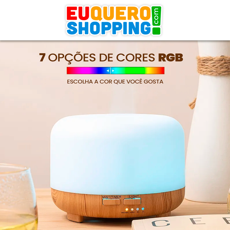 Difusor Ultrassônico de Óleo Essencial "Névoa" de 500ml - 7 cores - Liga na tomada bivolt