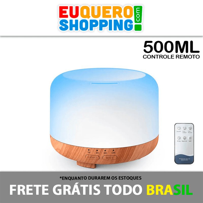 Difusor Ultrassônico de Óleo Essencial "Névoa" de 500ml - 7 cores - Liga na tomada bivolt