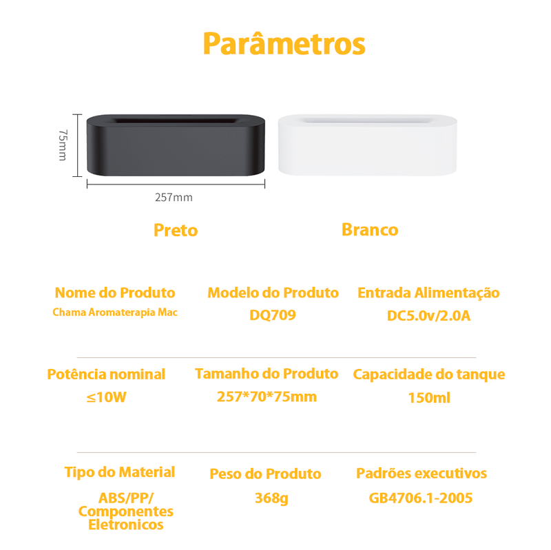 Difusor Ultrassônico de Óleos Essenciais Modelo Chama - 150ml - Branco - USB