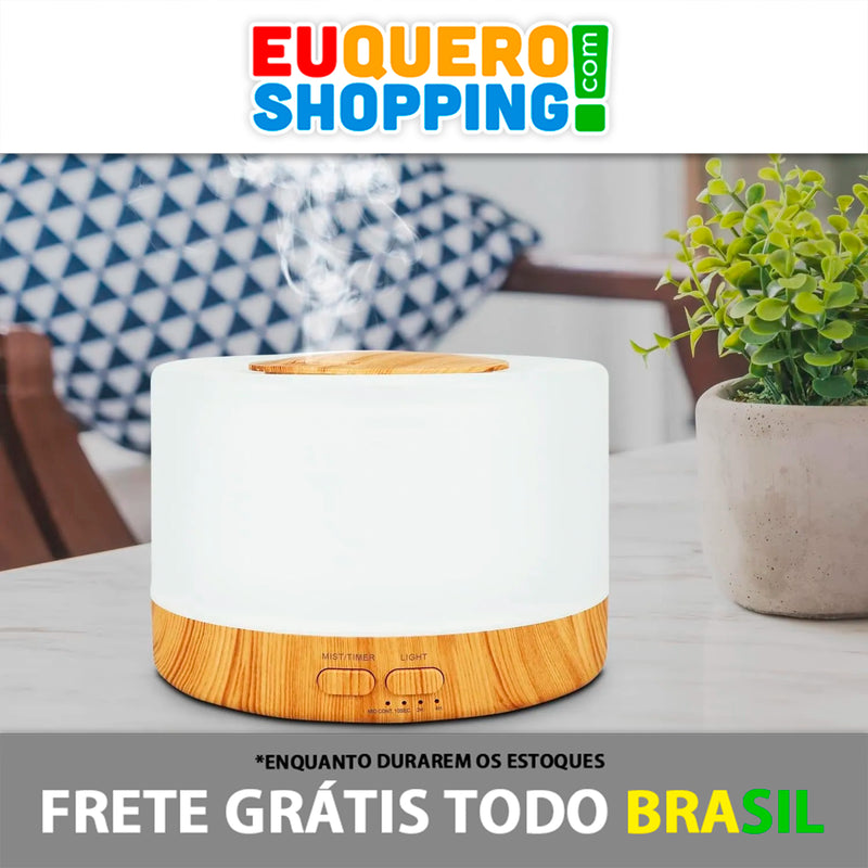 Difusor Ultrassônico para Óleos Essenciais - Modelo Névoa 2 - 500ml - Branco com Detalhes de Madeira - LED de 7 Cores - Plug Tomada